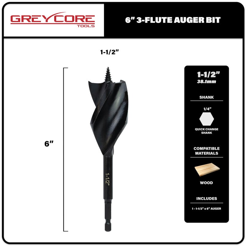 Greycore Tools 1-1/2 Inch x 6 Inch 3-Flute Auger Bit, Wood Drill Bit for Hard and Soft Wood, 1/4    Quick Change Shank, Woodworking Auger Bits (1-1/2    x 6    Auger) - Image 2